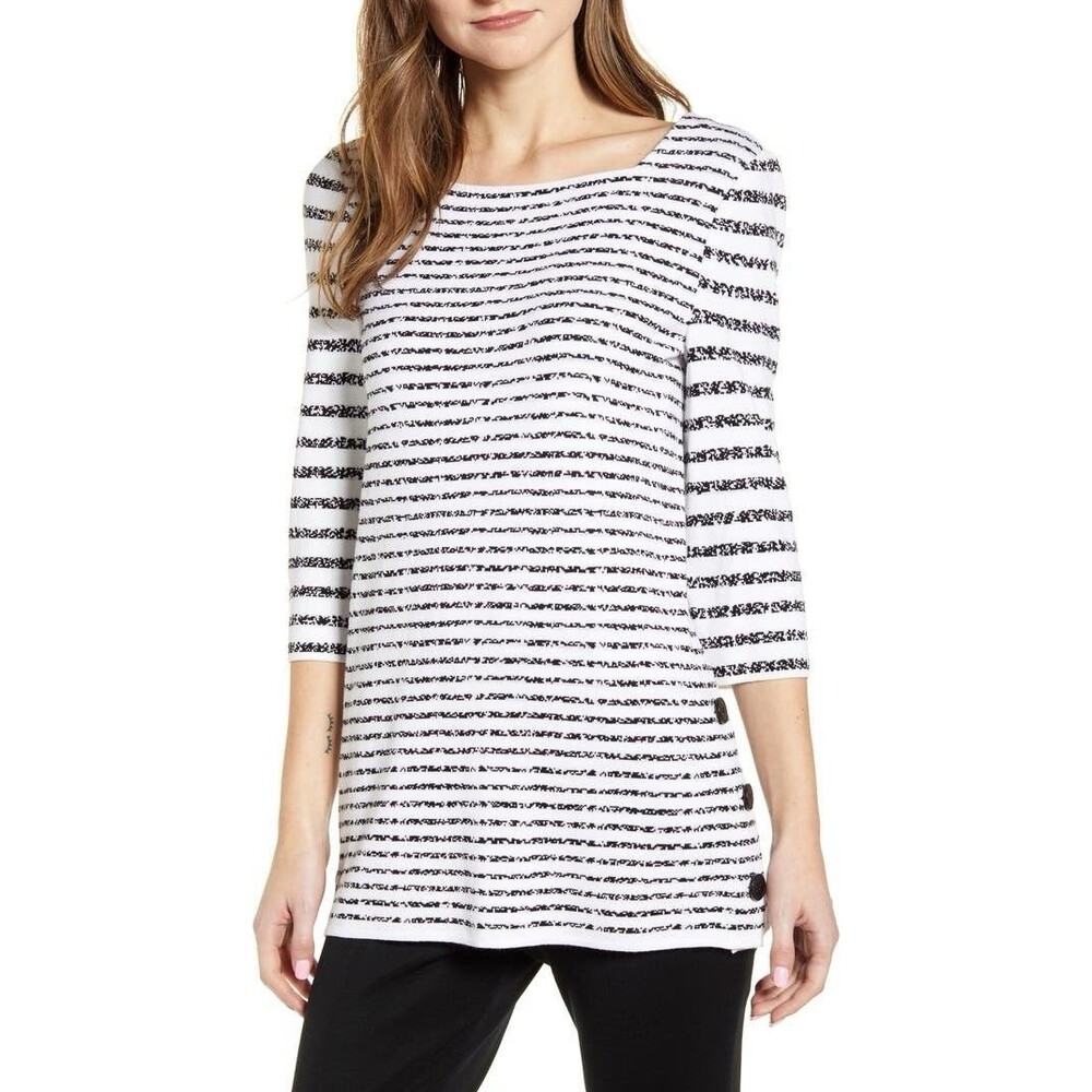 Ming Wang Women's Striped Side Button Knit Tunic Top White Black Relaxed Fit XS